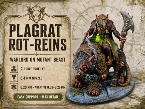 Soporte: Plagrat Rot-Reins – Rat Warlord on Mutant Beast — referencia de MakerWorld