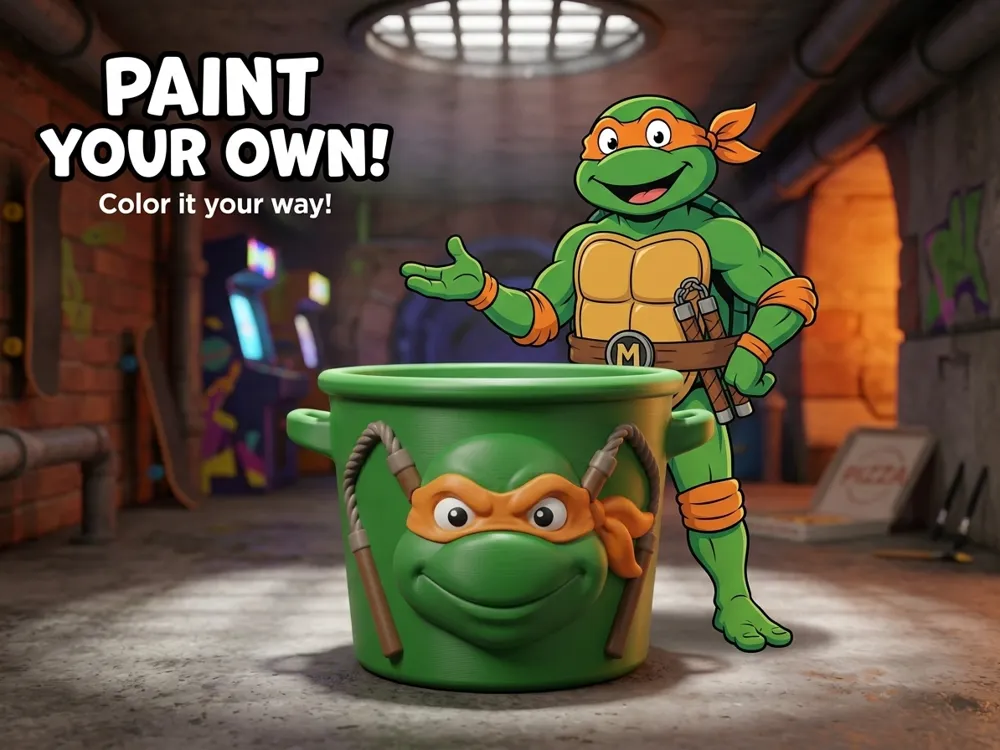 Letrero o emblema decorativo: Michelangelo – TMNT Paint Your Own Bucket. Referencia del modelo original.