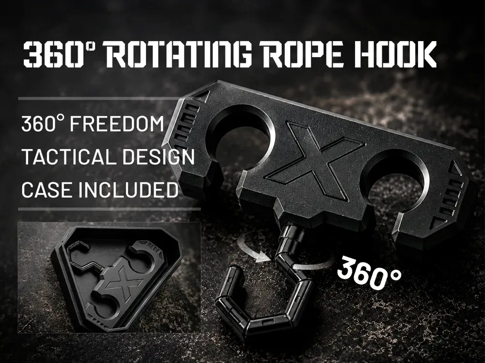 Letrero o emblema decorativo: 360° Swivel Camping Rope Hook Outdoor Gear Hanger. Referencia del modelo original.