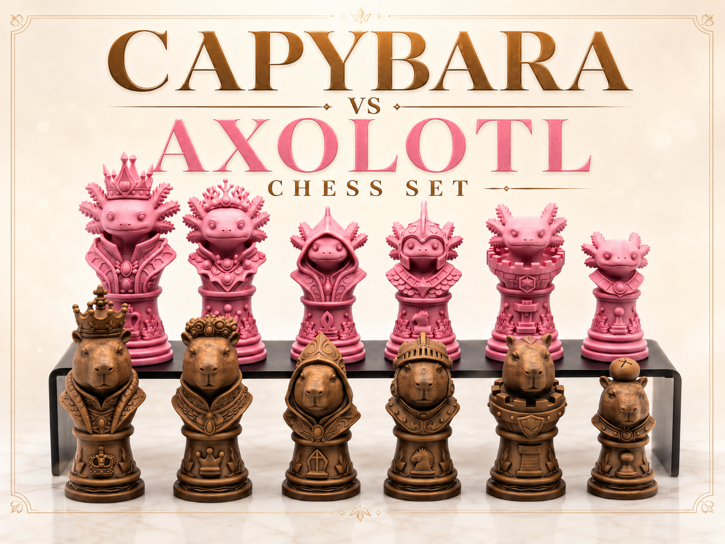 Capybara vs Axolotl Fantasy Chess Set 
