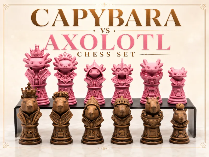Capybara vs Axolotl Fantasy Chess Set