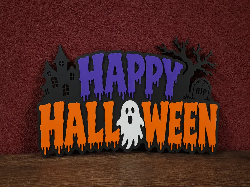 Letrero o emblema decorativo: Happy Halloween Sign. Referencia del modelo original.