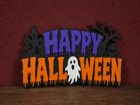 Letrero o emblema decorativo: Happy Halloween Sign — referencia de MakerWorld