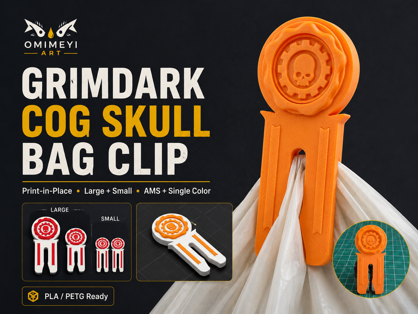 Wargaming Grimdark Cog Skull Hobby Bag Clip