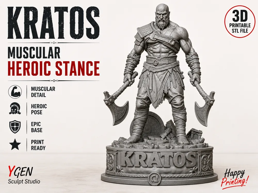 Letrero o emblema decorativo: Kratos – Muscular Heroic Stance. Referencia del modelo original.