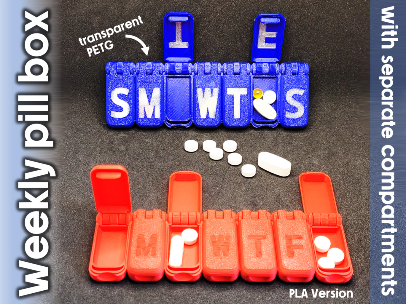 Weekly pill box with separate compartments
