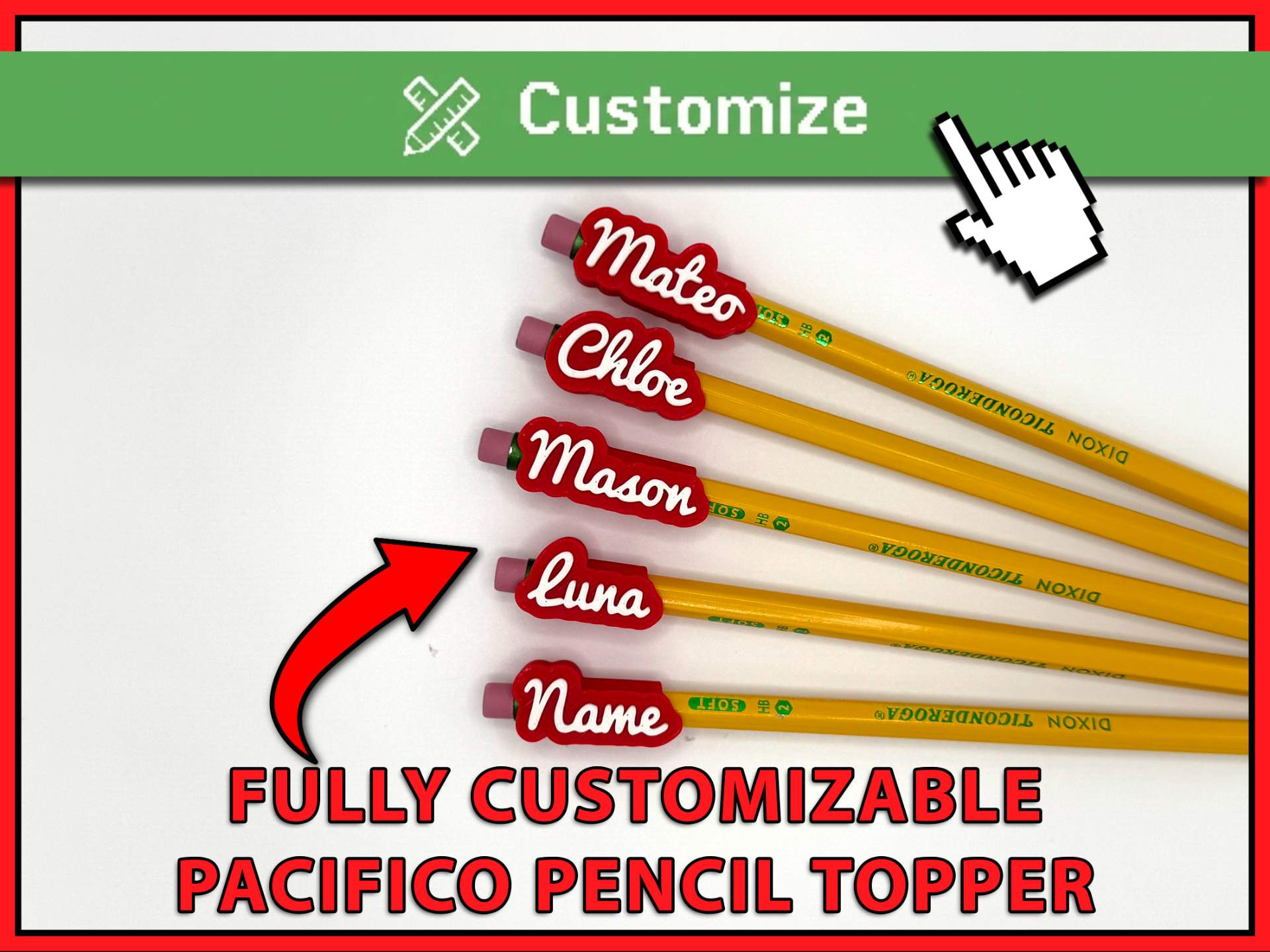 Pacifico Font Fully Custom Pencil Topper Maker