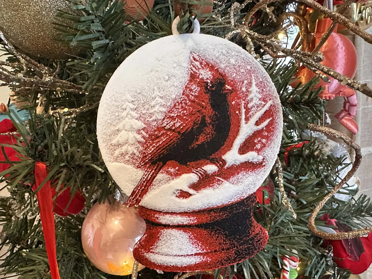 Cardinal Snow globe Ornament and Earrings view 2