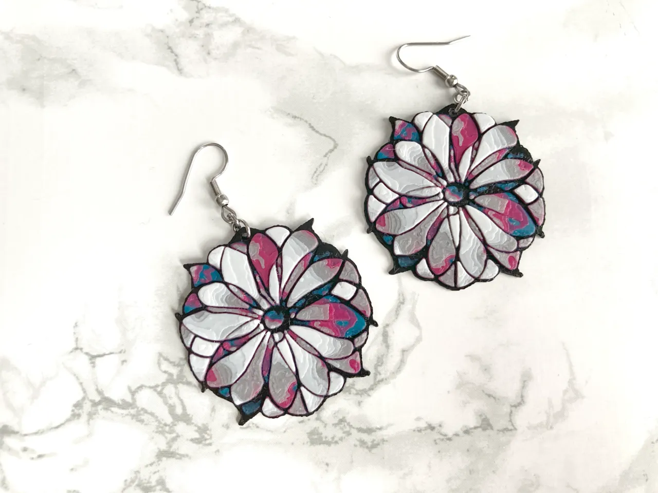 Stylized Stained Glass Flower Earrings HueForge view 4