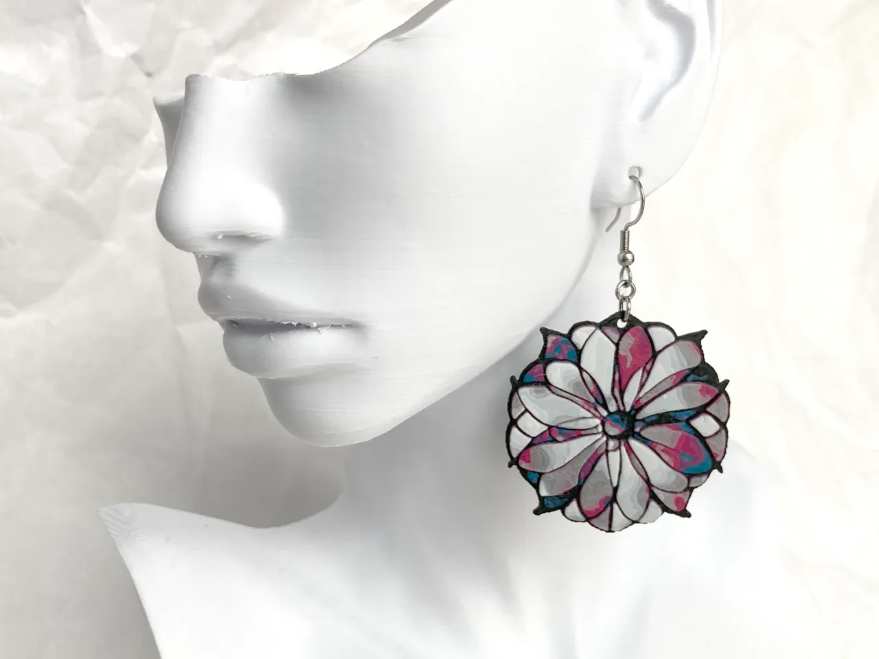 Stylized Stained Glass Flower Earrings HueForge view 2