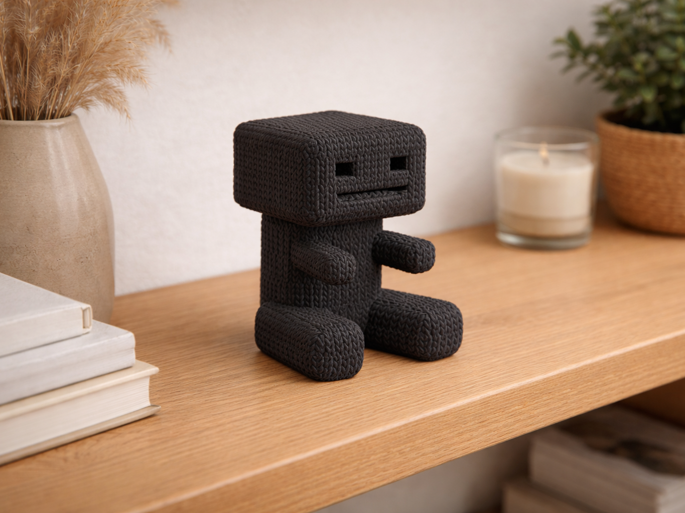 Peluche tête cubique et motif cotte de mailles