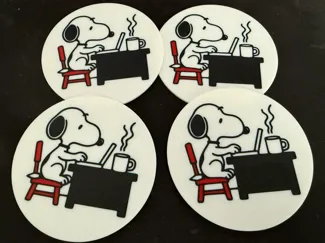 Snoopy working with Coffee at Officedesk Coaster
