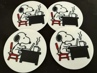 Snoopy working with Coffee at Officedesk Coaster