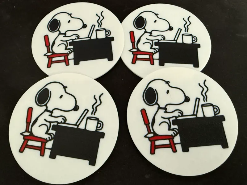 Snoopy working with Coffee at Officedesk Coaster