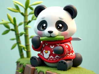 Christmas Panda Eating Bamboo