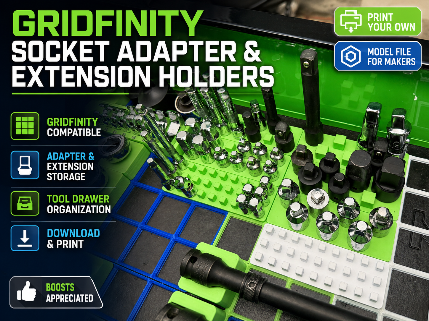 Gridfinity Socket Adapter & Extension Holders