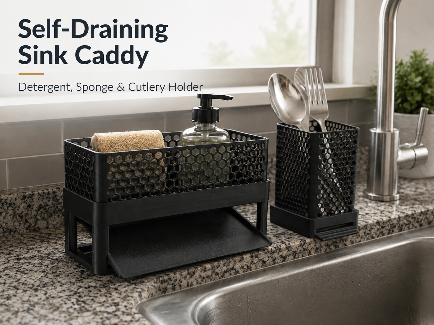 Self-Draining Sink Caddy, Detergent,Sponge, Cutlery