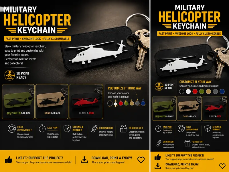Military Helicopter Keychain – Side View 3D Print