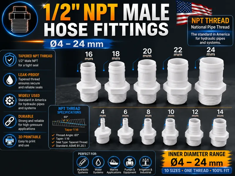 Hydraulic Fittings 1/2'' Male NPT→ Hoses Ø 4–24 mm