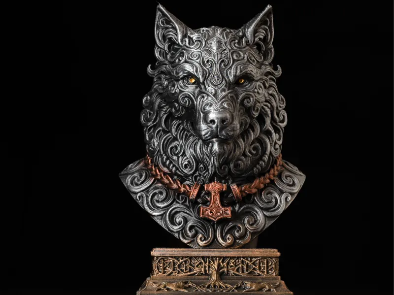 Fenrir Norse Wolf Bust - Detailed Viking Sculpture