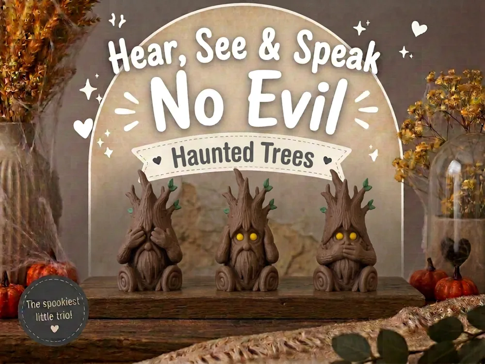 Letrero o emblema decorativo: Hear, See & Speak No Haunted Trees. Referencia del modelo original.
