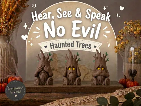 Letrero o emblema decorativo: Hear, See & Speak No Haunted Trees — referencia de MakerWorld