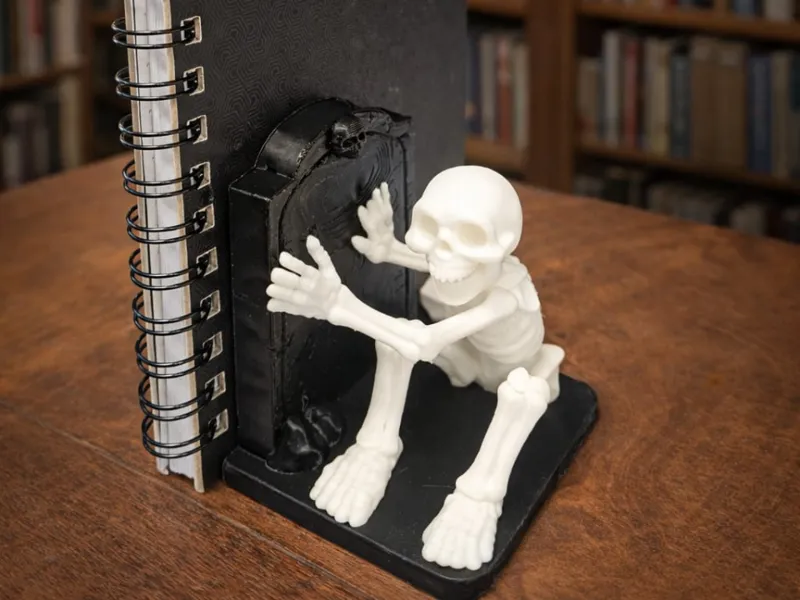 skeleton bookshelf skulpture
