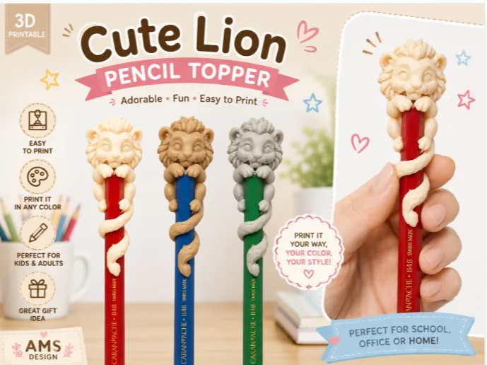 Letrero o emblema decorativo: Cute Lion Pencil Topper – Hugging Lion. Referencia del modelo original.