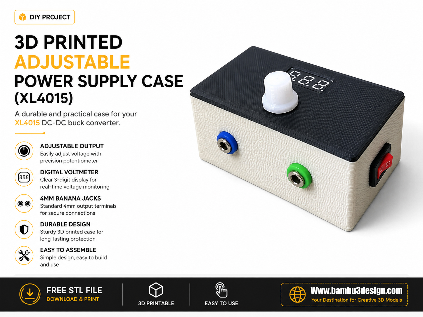 3D Printed Adjustable Power Supply Case (XL4015)