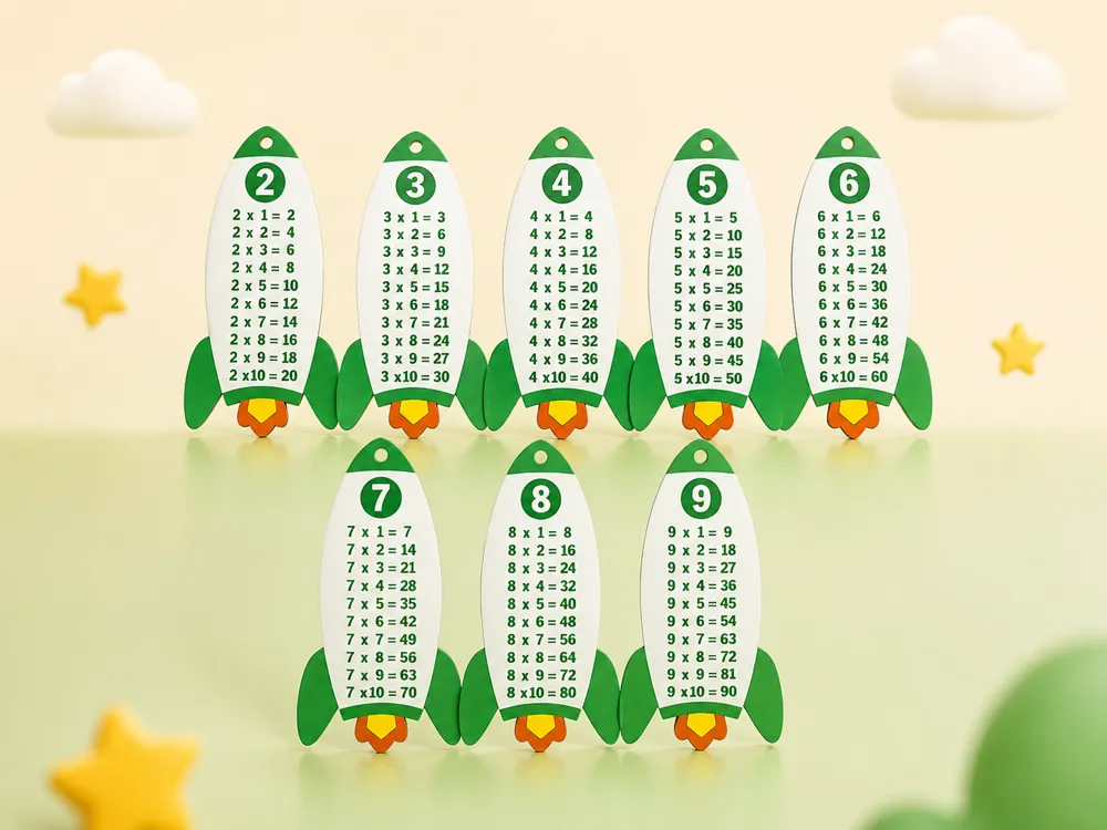 Letrero o emblema decorativo: Rocket Multiplication Tables 2–9 | Learning Cards. Referencia del modelo original.