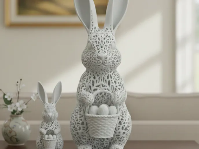 Sculpture lapin de Pâques au panier d'œufs