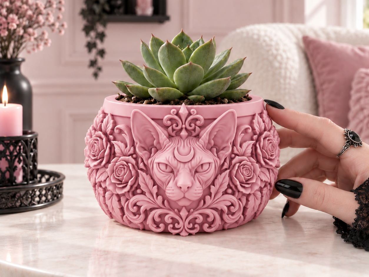 Goth Sphynx Cat Crescent Moon Rose Planter - 1
