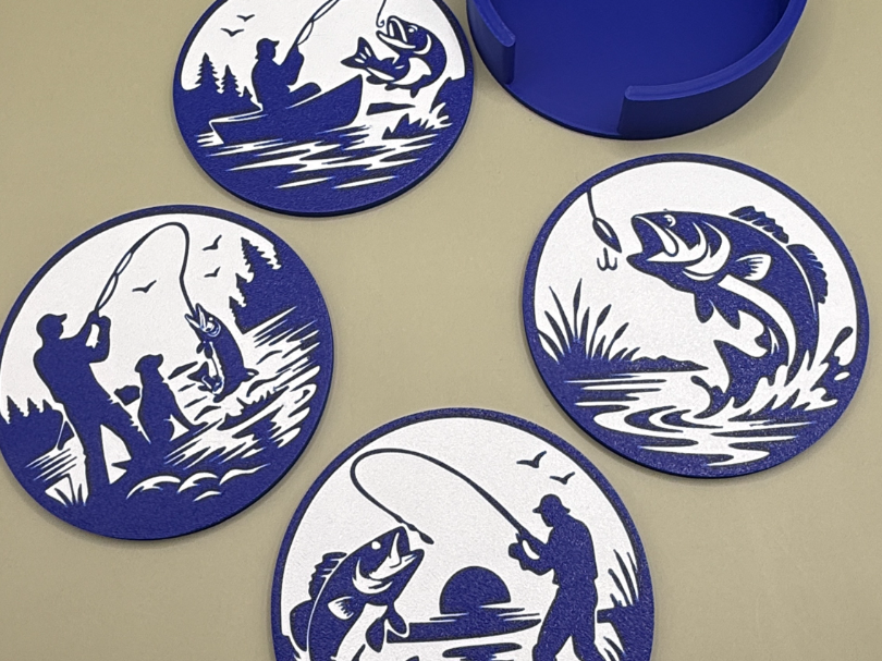 Fishing-themed coaster set with holder