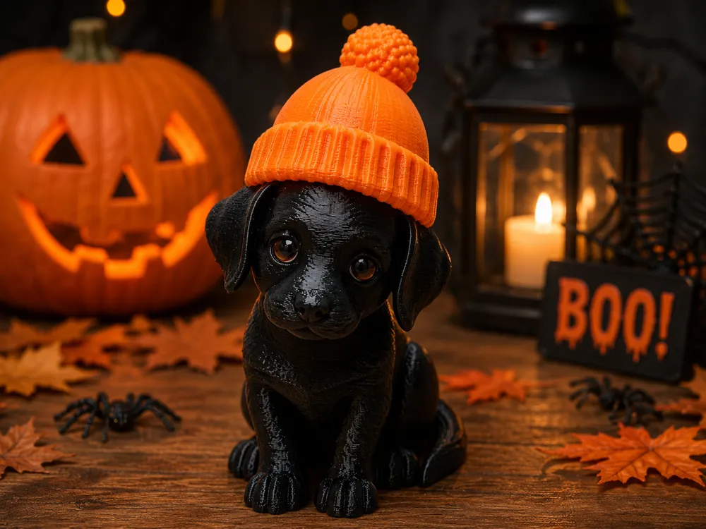 Estante o repisa: Halloween Puppy with Orange Beanie. Referencia del modelo original.