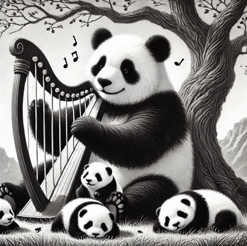 Panda spielt Harfe