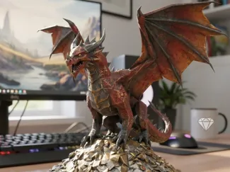 Dragon on a mountain of gold figurine low poly 