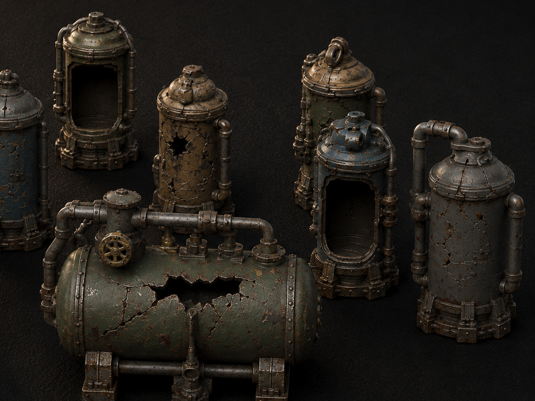 Broken vats scatter terrain and lab details