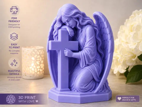 Modelo para impresión 3D: Angel with Cross – Guardian of Faith — referencia de MakerWorld