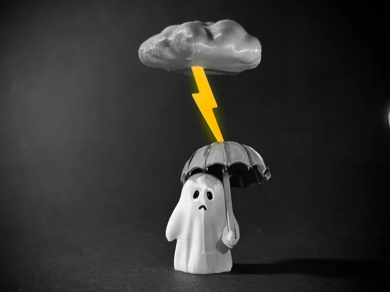Sad ghost gets hit by a lightning bolt