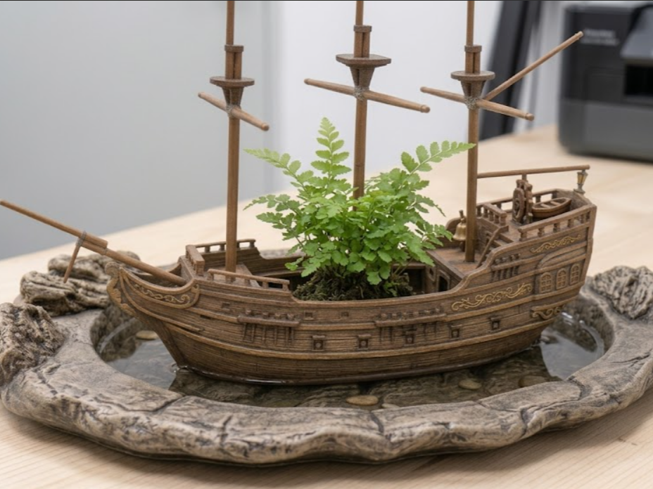Segelschiff-Pflanztopf mit Felsen-Untersetzer
