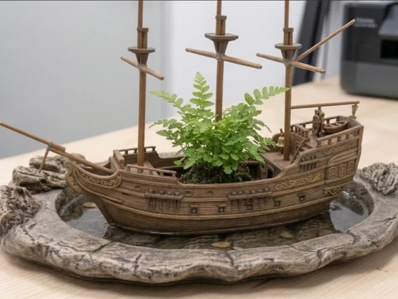 Segelschiff-Pflanztopf mit Felsen-Untersetzer