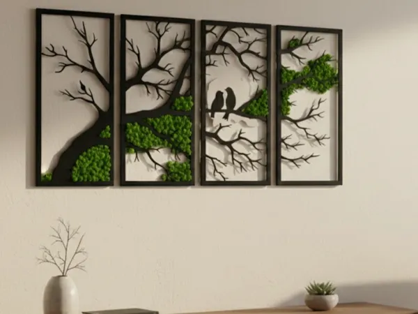 Décoration murale 4 panneaux — couple d'oiseaux