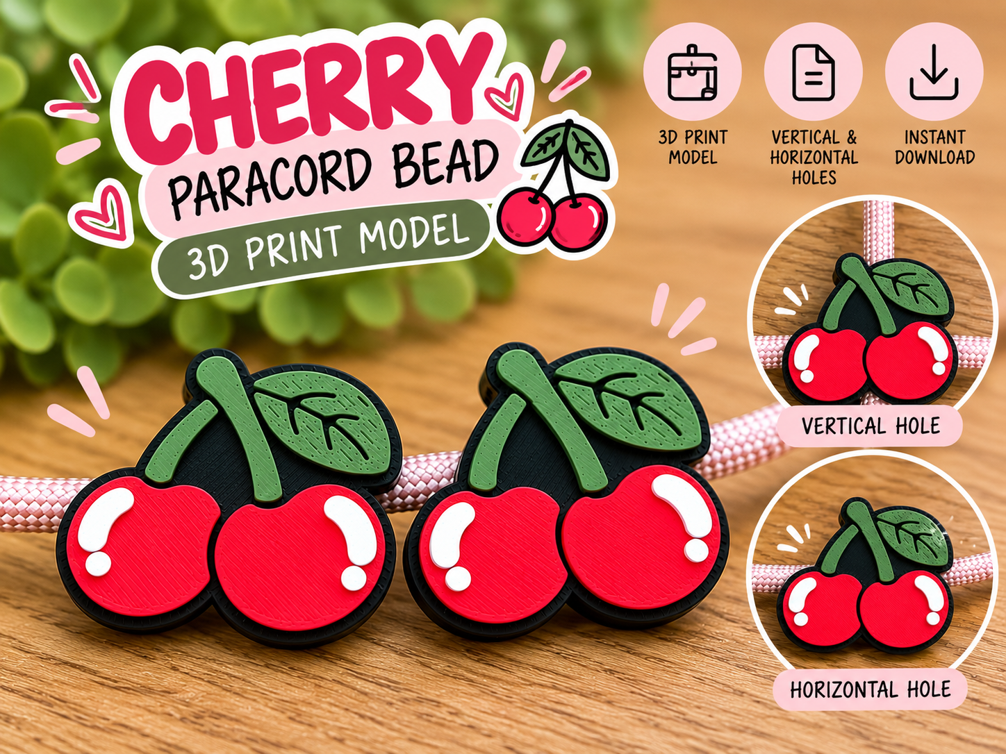 Cherry Paracord Bead | Vertical & Horizontal Holes - 1