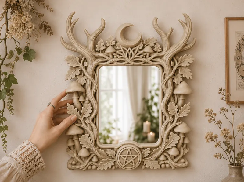 Enchanted Forest Mirror with Antlers and Moon