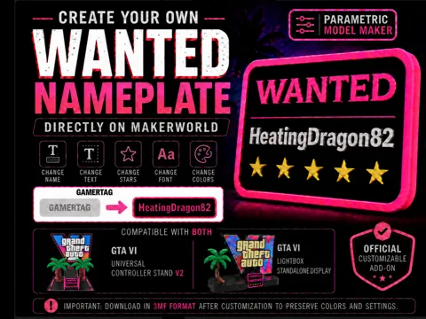 Letrero o emblema decorativo: GTA VI Customizable WANTED Nameplate — referencia de MakerWorld