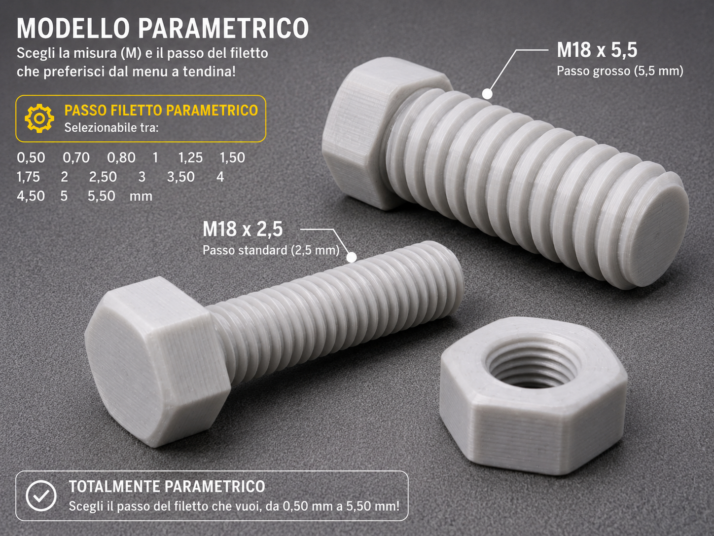 dadi e bulloni parametrici con filetto desiderato
