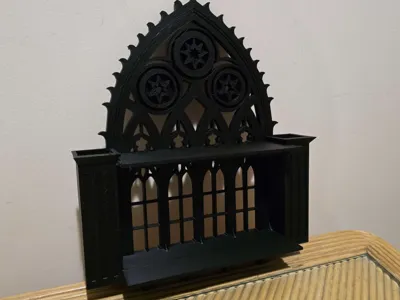 cathedral window shelf with key hooks and vases