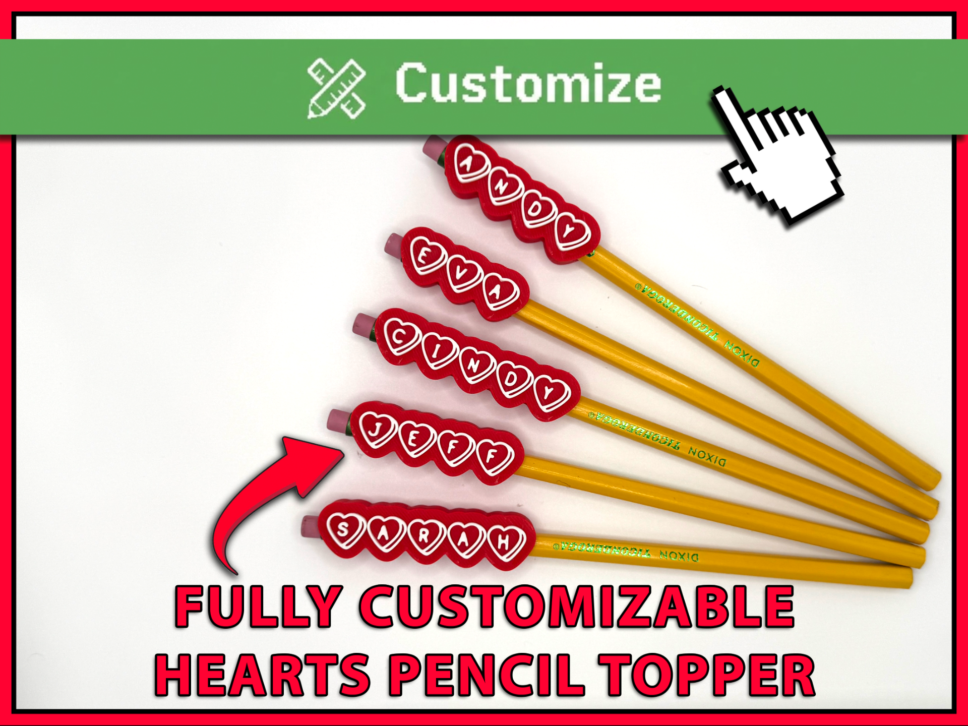 Cute Hearts Font Customizable Pencil topper Maker