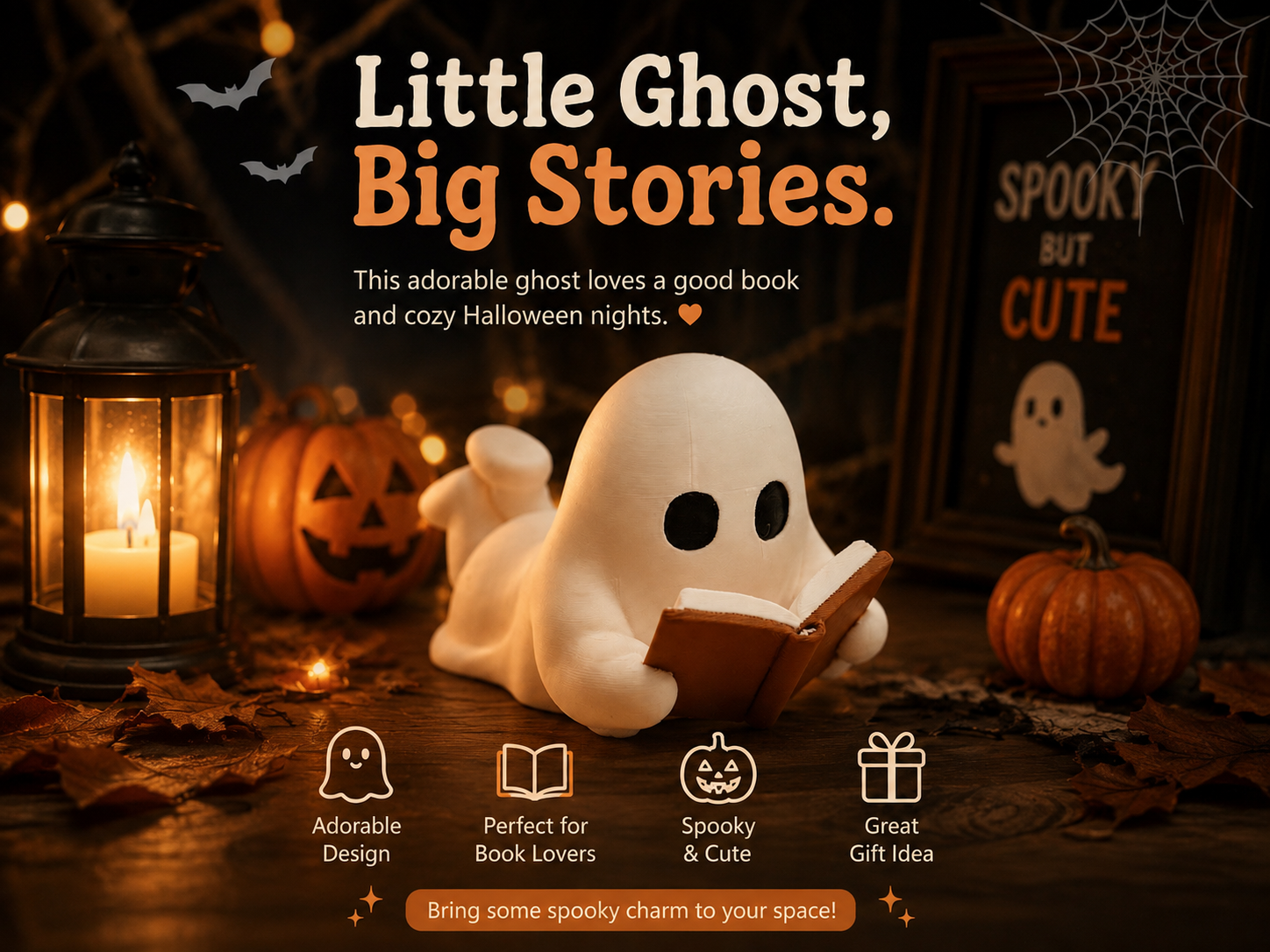 Little Ghost Bookworm - Cute Halloween Decor - 1