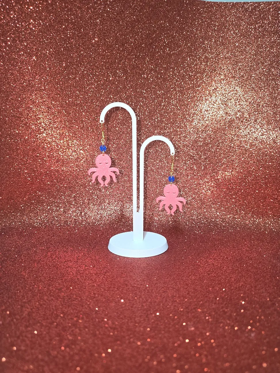 Pink octopus earrings view 3